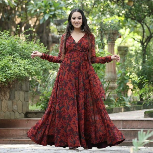 Women's Georgette Floral Print Flared Gown