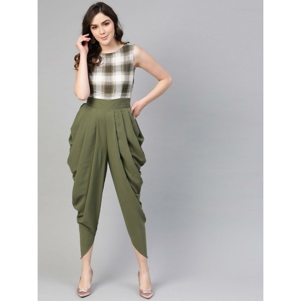 Pannkh Olive Checkered Cowl Jumpsuit